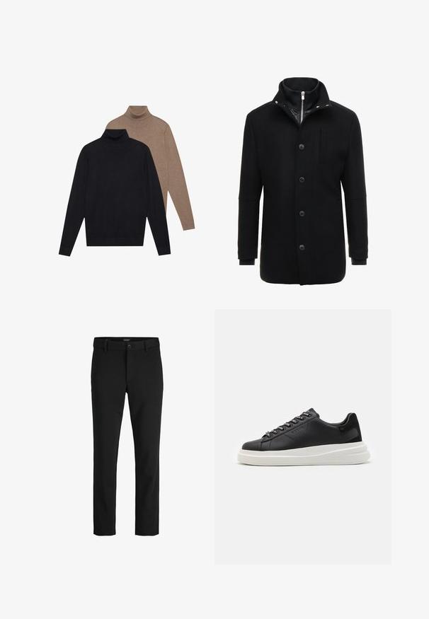Schwarzer Wollmantel mit hohem Kragen, Reißverschluss- und Knopfverschluss sowie Seitentaschen. Glatte Textur mit taillierter Passform und minimalen Akzenten.; Zwei Langarm-Turtleneck-Pullover, einer in Schwarz und einer in Hellbraun, aus weichem Strickstoff mit einem enganliegenden Design und gerippten Bündchen.; Schwarze Hosen aus glattem Stoff, mit klassischem Design, geradem Schnitt, vorderer Knopfverschluss und seitlichen Taschen.; Schwarze Ledersneaker mit einer weißen Gummisohle, ausgestattet mit flachen Schnürsenkeln und markierten Ösen. Weiche Textur mit einem kontrastierenden Seitenakzent.