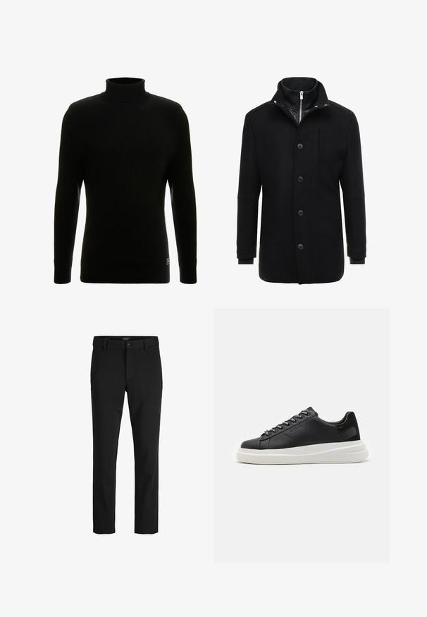 Cappotto in lana nera con colletto alto, chiusura a zip e bottoni, e tasche laterali. Tessuto liscio con una vestibilità sartoriale e accenti minimi.; Maglione a collo alto nero con maniche lunghe, tessuto a coste, silhouette aderente e piccolo etichetta del marchio in basso a sinistra.; Pantaloni neri realizzati in un tessuto elegante, con un design classico, taglio dritto, chiusura frontale con bottone e tasche laterali.; Sneaker in pelle nera con suola in gomma bianca, dotato di lacci piatti e occhielli brandizzati. Texture morbida con un accento laterale a contrasto.