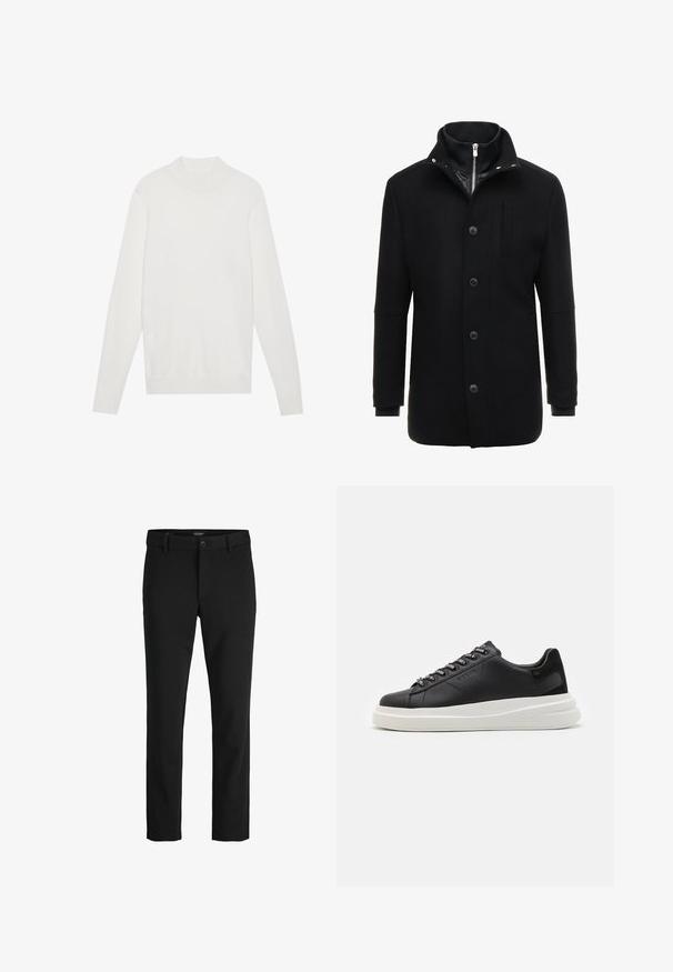 Palton negru din lână, cu guler înalt, închidere cu fermoar și nasturi, și buzunare laterale. Textură netedă, cu o croială ajustată și accente minime.; Pulover alb din tricot cu gât înalt, mâneci lungi și manșete și tiv cu nervuri. Fabricat dintr-un material tricotat moale. Design simplu și ajustat.; Pantaloni negri dintr-un material sleek, cu un design clasic, croială dreaptă, închidere frontală cu nasture și buzunare laterale.; Sneaker din piele neagră cu o talpă din cauciuc alb, cu șireturi plate și eyelets marcate. Textură moale cu un accent lateral contrastant.
