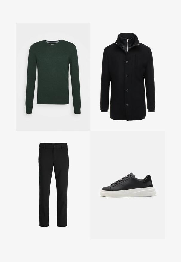 Schwarzer Wollmantel mit hohem Kragen, Reißverschluss- und Knopfverschluss sowie Seitentaschen. Glatte Textur mit taillierter Passform und minimalen Akzenten.; Dunkelgrüner V-Ausschnitt-Pullover. Hergestellt aus Strickmaterial mit langen Ärmeln, gerippten Bündchen und einem geraden Saum. Verfügt über eine dezente, strukturierte Oberfläche.; Schwarze Hosen aus glattem Stoff, mit klassischem Design, geradem Schnitt, vorderer Knopfverschluss und seitlichen Taschen.; Schwarze Ledersneaker mit einer weißen Gummisohle, ausgestattet mit flachen Schnürsenkeln und markierten Ösen. Weiche Textur mit einem kontrastierenden Seitenakzent.