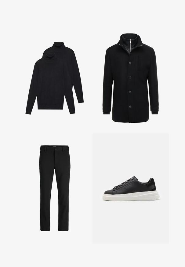Palton negru din lână, cu guler înalt, închidere cu fermoar și nasturi, și buzunare laterale. Textură netedă, cu o croială ajustată și accente minime.; Două pulovere negre cu mânecă lungă și guler înalt, tricotate simplu, așezate unul peste altul, cu unul puțin mai în spate decât celălalt, pe un fundal alb.; Pantaloni negri dintr-un material sleek, cu un design clasic, croială dreaptă, închidere frontală cu nasture și buzunare laterale.; Sneaker din piele neagră cu o talpă din cauciuc alb, cu șireturi plate și eyelets marcate. Textură moale cu un accent lateral contrastant.