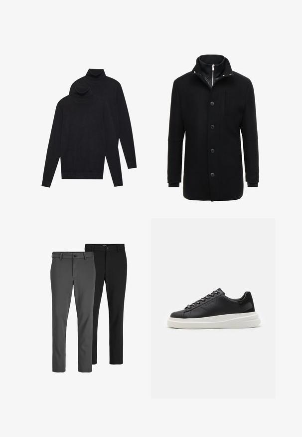 Cappotto in lana nera con colletto alto, chiusura a zip e bottoni, e tasche laterali. Tessuto liscio con una vestibilità sartoriale e accenti minimi.; Due maglioni a collo alto neri a maniche lunghe, lavorati a maglia semplice, impilati con uno leggermente dietro l'altro su uno sfondo bianco.; Due paia di pantaloni su misura, uno grigio e uno nero, realizzati in tessuto morbido. Le caratteristiche includono una chiusura con bottone e design a gamba dritta.; Sneaker in pelle nera con suola in gomma bianca, dotato di lacci piatti e occhielli brandizzati. Texture morbida con un accento laterale a contrasto.