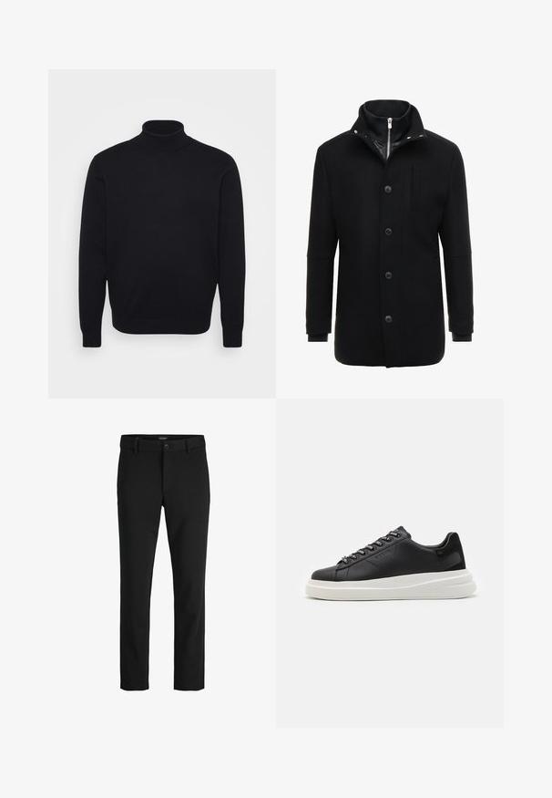 Manteau en laine noir avec un col haut, fermeture éclair et boutons, et poches latérales. Texture lisse avec une coupe ajustée et des accents minimalistes.; Pull à col montant noir en tricot lisse, avec des manches longues et une coupe ajustée avec un haut col.; Pantalon noir en tissu lisse, avec un design classique, une coupe droite, une fermeture par bouton à l'avant et des poches latérales.; Baskets en cuir noir avec une semelle en caoutchouc blanc, dotées de lacets plats et d'œillets marqués. Texture douce avec un accent contrastant sur le côté.
