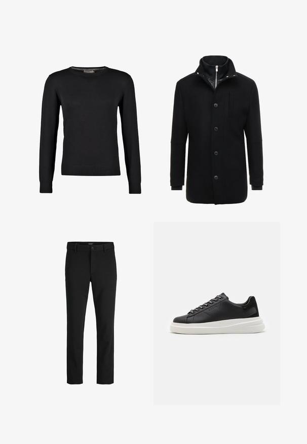 Crni vuneni kaput sa visokim ovratnikom, zatvaranjem na zip i dugme, te bočnim džepovima. Glatka textura s prilagođenim fitom i minimalnim detaljima.; Crni pleteni pulover s dugim rukavima, okruglim izrezom i rebrastim manžetama i donjim rubom. Gladak materijal i uski kroj.; Crne hlače izrađene od glatkog materijala, s klasičnim dizajnom, ravnim krojem, prednjim kopčanjem na dugme i bočnim džepovima.; Crne kožne tenisice s bijelim gumenim potplatima, s ravnim vezicama i brendiranim rupama za vezanje. Mekana tekstura s kontrastnim bočnim naglaskom.