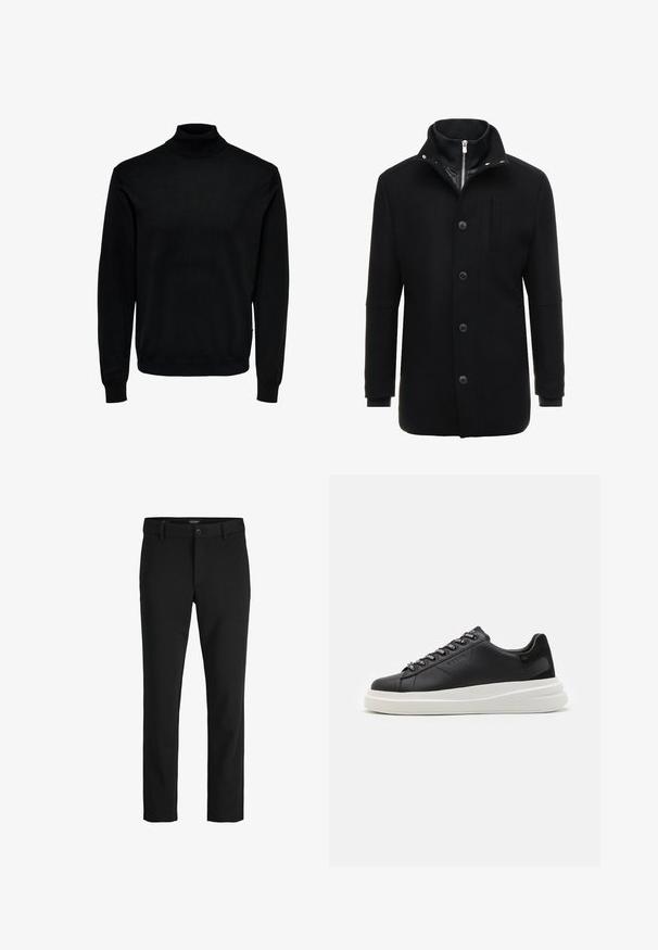 Crni vuneni kaput sa visokim ovratnikom, zatvaranjem na zip i dugme, te bočnim džepovima. Glatka textura s prilagođenim fitom i minimalnim detaljima.; Crna rolka od mekane tkanine, s dugim rukavima, rebrastim manžetama i rubom, s pripijenim dizajnom vrata i glatkom teksturom.; Crne hlače izrađene od glatkog materijala, s klasičnim dizajnom, ravnim krojem, prednjim kopčanjem na dugme i bočnim džepovima.; Crne kožne tenisice s bijelim gumenim potplatima, s ravnim vezicama i brendiranim rupama za vezanje. Mekana tekstura s kontrastnim bočnim naglaskom.