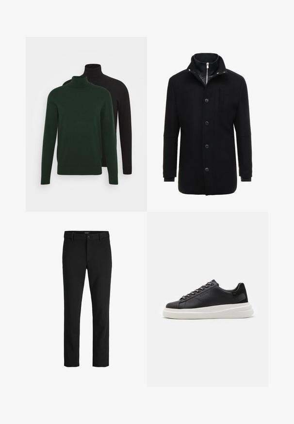 Juodas vilnonis paltas su aukštu apykakle, užtrauktuku ir mygtukų uždarymu bei šoninėmis kišenėmis. Lygi tekstūra, pritaikytas siluetas ir minimalūs akcentai.; Du kambariniai megztiniai, vienas tamsiai žalias, o kitas juodas, pagaminti iš lygaus audinio, su ilgomis rankovėmis ir raukšlėtomis rankovėmis.; Juodos kelnės, pagamintos iš švelnaus audinio, pasižyminčios klasikiniu dizainu, tiesiu kirpimu, priekiniais mygtukais ir šoninėmis kišenėmis.; Juodos odinės sportbačiai su balta guma padanga, su plokščiomis raiščiais ir firminiais skylutėmis. Minkšta tekstūra su kontrastingu šonu akcentu.