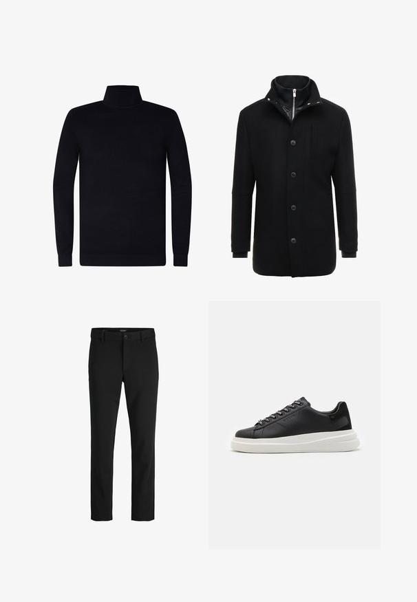 Schwarzer Wollmantel mit hohem Kragen, Reißverschluss- und Knopfverschluss sowie Seitentaschen. Glatte Textur mit taillierter Passform und minimalen Akzenten.; Schwarzer Rollkragenpullover, mit gerippten Bündchen und Kragen, weicher Strickstoff, leichtes Design, lange Ärmel, keine sichtbaren Marken oder Muster.; Schwarze Hosen aus glattem Stoff, mit klassischem Design, geradem Schnitt, vorderer Knopfverschluss und seitlichen Taschen.; Schwarze Ledersneaker mit einer weißen Gummisohle, ausgestattet mit flachen Schnürsenkeln und markierten Ösen. Weiche Textur mit einem kontrastierenden Seitenakzent.