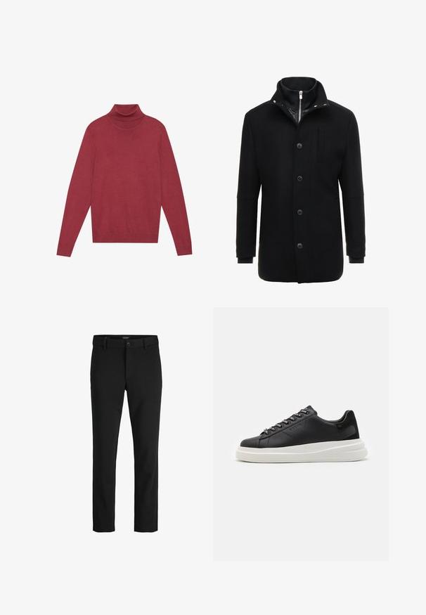 Schwarzer Wollmantel mit hohem Kragen, Reißverschluss- und Knopfverschluss sowie Seitentaschen. Glatte Textur mit taillierter Passform und minimalen Akzenten.; Rotem Rollkragenpullover aus weichem Strickstoff. Verfügt über lange Ärmel und eine taillierte Form. Glatte Textur ohne sichtbare Muster oder Beschläge.; Schwarze Hosen aus glattem Stoff, mit klassischem Design, geradem Schnitt, vorderer Knopfverschluss und seitlichen Taschen.; Schwarze Ledersneaker mit einer weißen Gummisohle, ausgestattet mit flachen Schnürsenkeln und markierten Ösen. Weiche Textur mit einem kontrastierenden Seitenakzent.
