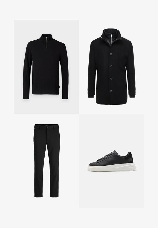 Fekete gyapjú kabát magas gallérral, cipzáras és gombos záródással, valamint oldalsó zsebekkel. Simább textúra, testhezálló fazon és minimális részletek.; Fekete hosszú ujjú pulóver magas gallérral és rövid ezüst cipzárral az elülső középen.; Fekete nadrág sima anyagból, klasszikus dizájnnal, egyenes szabással, elülső gombos záródással és oldalsó zsebekkel.; Fekete bőr sportcipő fehér gumitalppal, lapos fűzőkkel és márkázott fűzőlyukakkal. Puha tapintású, kontrasztos oldali akcentussal.