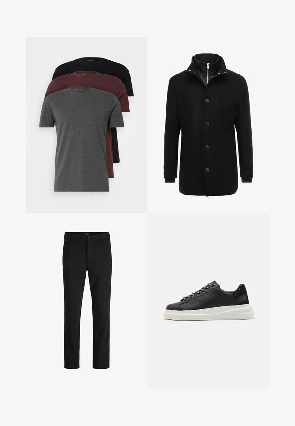 Must must coat, millel kõrge krae, lukuga ja nööbiga kinnitamine ning küljetaskud. Sile tekstuur, vihje kohandatud lõikusele ja minimaalsed aksessuaarid.; Kolm lühikeste varrukatega t-särki tumesinises, burbooni ja mustas värvitoonis. Valmistatud pehmest puuvillast, millel on ümar kaelus ja lõdvert fit.; Mustad püksid, mis on valmistatud libisevast kangast, klassikalise kujundusega, sirge lõikega, esise nupuga ja küljetaskutega.; Mustmustest musta nahkistsneaker, millel on valge kummist tald, sirged paelad ja bränditud silmad. Pehme tekstuur kontrastse küljeaktsendiga.
