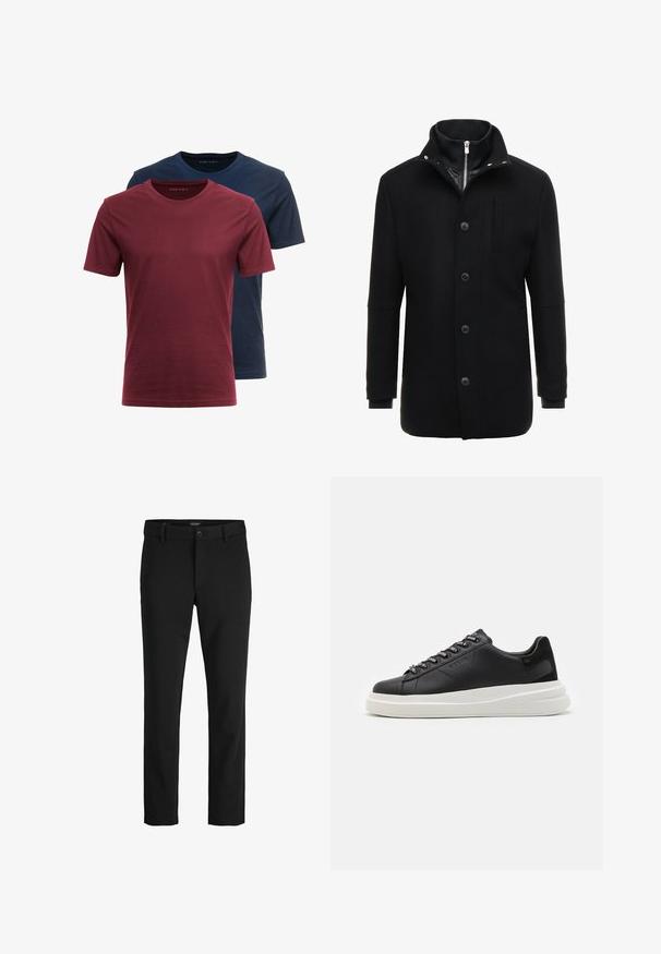 Črn volnen plašč z visokim ovratnikom, zadrgo in gumbom za zapiranje ter stranskimi žepi. Gladka tekstura z prilagojenim krojem in minimalnimi detajli.; Dve majice s krojem ovratnika, naložene ena na drugo; ena je vinsko rdeča, druga pa temno modra. Narejene so iz bombaža, kratkih rokavov in imajo gladko teksturo.; Črne hlače iz gladkega blaga, s klasičnim dizajnom, ravnim krojem, sprednjim gumbom za zapiranje in stranskimi žepi.; Črne usnjene teniske z belim gumijastim podplatom, ki imajo ravne vezalke in blagovno znamko na ošitih luknjah. Mehka tekstura s kontrastnim stranskim poudarkom.