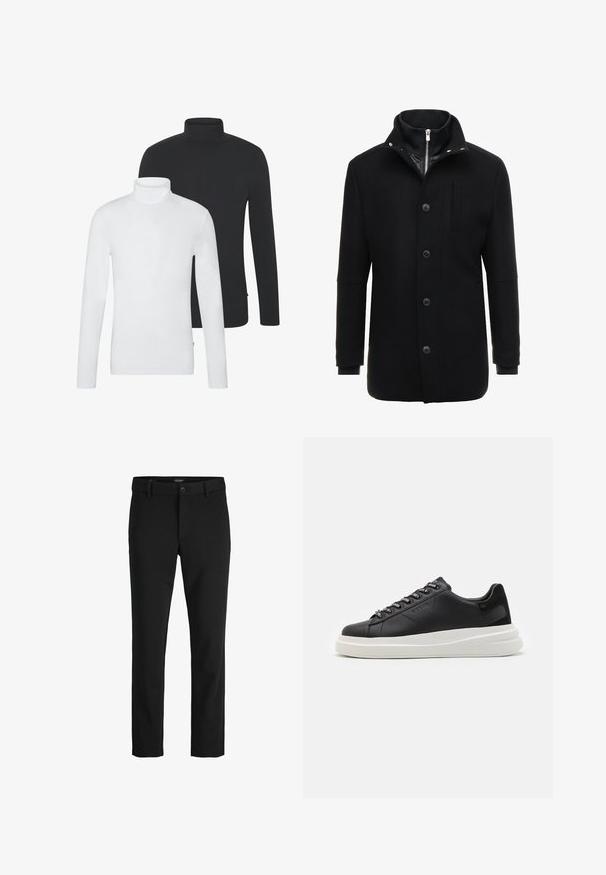 Sort uldfrakke med høj krave, lynlås og knaplukning samt sidelommer. Glat tekstur med en skræddersyet pasform og minimale detaljer.; To sæt af langærmede højhalset bluser: en i hvid og en i sort. Begge har et blødt bomuldsblandingsmateriale og en tætsiddende pasform.; Sorte bukser lavet af glat stof, med et klassisk design, lige snit, frontknaplukning og sidelommer.; Sort lædersneaker med en hvid gummisål, der har flade snørebånd og branded øjer. Blød tekstur med en kontrasterende sideaccent.