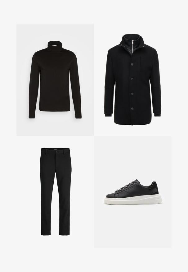 Musta villakangastakki, jossa on korkea kaulus, vetoketju- ja nappisulku sekä sivutaskut. Sileä pinta, hyvin istuva malli ja minimaaliset yksityiskohdat.; Musta poolkaelusega, pika varrukaga särk, mis on valmistatud sujuvast kangast, sobitatud disainiga ja kõrge, tiheda kraega. Mustrid või aktsendid puuduvad.; Mustat housut, jotka on valmistettu sileästä kankaasta, klassisella designilla, suoralla leikkauksella, etunapin suljennalla ja sivutaskuilla.; Musta nahkakengät valkoisella kumipohjalla, joissa on tasaiset nauhat ja brändätyt rei'itykset. Pehmeä pinta, jossa on erottuva sivusärmä.