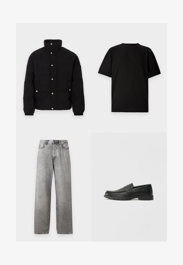 Black corduroy puffer jacket with snap buttons, high collar, side pockets, and elastic cuffs on a white background.; Black short-sleeve T-shirt made from ribbed fabric. Features a round neckline and a relaxed fit with a smooth texture. Back view only.; Grey wide-leg jeans made of denim. Features a high waist, five pockets, and a button and zipper closure. Subtle fading across the fabric.; Black leather loafers with a smooth finish, moccasin-style upper, stitched detailing, and a rubber sole. Classic design with a low heel.