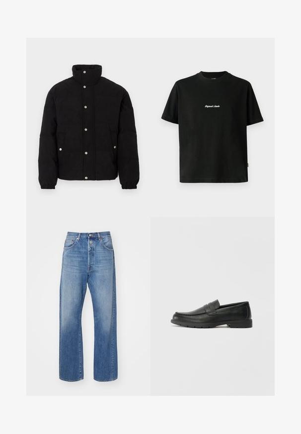 Juodas aksominis pūkuotas švarkas su spaudėmis, aukštu apykakle, šoninėmis kišenėmis ir elastingais rankogaliais ant balto fono.; Juodas medvilninis marškinėliai su trumpomis rankovėmis, su baltais siuvinėjimais "Original Studio" tekstu per krūtinę ir apvaliu kaklu.; Šviesiai mėlynos džinsinės kelnės su tiesiomis kojomis, turinčios mygtukų užsegimą, penkias kišenes ir švelnų audinio išblukimą.; Juodai odiniai loaferiai su sklandžiu paviršiumi, mokasino stiliaus viršus, siuvinėjimu ir guminėmis padangomis. Klasikinis dizainas su žemu kulnu.