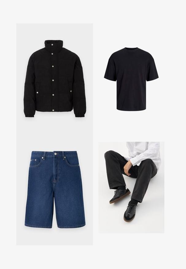 Fekete kordbársony puffernadrág, patentgombokkal, magas gallérral, oldalsó zsebekkel és elasztikus mandzsettákkal fehér háttér előtt.; Fekete pamut póló, kerek nyakkivágással, rövid ujjú és laza fazonú. Simább anyagú, látható minták vagy díszítések nélkül.; Sötétkék árnyalatú farmer rövidnadrág klasszikus szabásban, öt zsebes kialakítással és kontrasztos varrási részletekkel.; Fekete tornacipők sima és texturált felsőrészel, gumitalppal és sötét cipőfűzőkkel. Fekete farmernadrággal és fehér csíkos inggel párosítva.