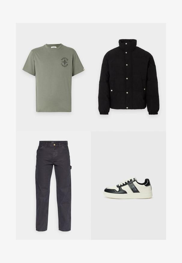 Juodas aksominis pūkuotas švarkas su spaudėmis, aukštu apykakle, šoninėmis kišenėmis ir elastingais rankogaliais ant balto fono.; Alkine žalia medvilninė marškinėliai trumpomis rankovėmis, apvaliu iškirpimu ir juodu spausdintu logotipu kairiajame krūtinės srityje.; Tamsiai pilkos krovininės kelnės, pagamintos iš patvarios medžiagos, su tiesaus kirpimo, penkiomis kišenėmis ir mygtukiniu užtrauktuku liemens srityje.; Odiniai sportbačiai juodos ir kreminės spalvų schemoje, su perforuotais akcentais, paminkštinta apykakle ir tekstūruotu padu.