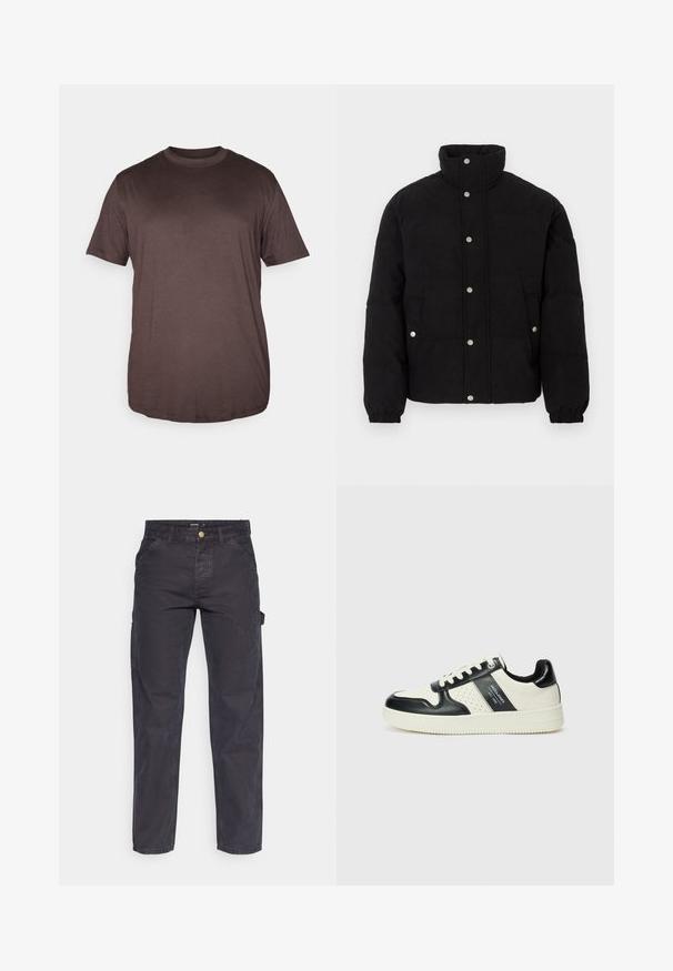 Svart kordflams puffjacka med tryckknappar, hög krage, sidofickor och elastiska muddarna på en vit bakgrund.; Jack & Jones JJEBRADLEY - T-shirt - bas - mulch; Mörkgrå cargobyxor i slitstark tyg, med rak benform, fem fickor och knappstängning i midjan.; Läder sneakers med en svart och krämfärgad färgsättning, med perforerade detaljer, en vadderad krage och en strukturerad yttersula.