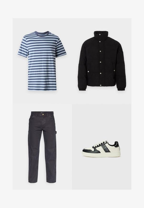 Chaqueta de abrigo de pana negra con botones de presión, cuello alto, bolsillos laterales y puños elásticos sobre un fondo blanco.; Camiseta a rayas en azul marino con rayas horizontales en azul claro y blanco. Diseño clásico de cuello redondo, fabricada en suave tejido de algodón.; Pantalones cargo de color gris oscuro, confeccionados con un tejido duradero, que presentan un corte recto, cinco bolsillos y un cierre de botón en la cintura.; Zapatillas de cuero con un esquema de colores negro y crema, que cuentan con acentos perforados, un collar acolchado y una suela texturizada.