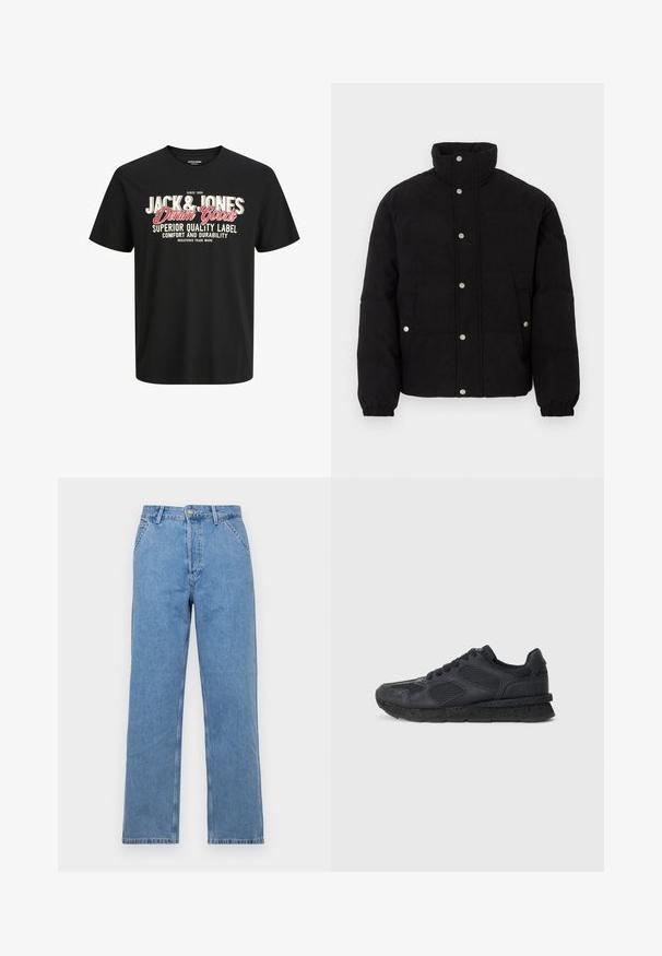 Mustat corduroy-puffatakki, jossa on napit, korkea kaulus, sivutaskut ja elastiset hihat valkoista taustaa vasten.; Musta puuvillapaita, jossa on pyöreä kaula-auko. Ominaisuuksina voimakkaat valkoiset ja punaiset tekstit: "JACK & JONES Denim Goods" ja "Superior Quality Label."; Vaaleansininen denim-suorat housut, joissa on klassinen viiden taskun muotoilu, etupainike ja vyölenkit. Sujuva pinta.; Replay ARTHUR ATOM - Matalavartiset tennarit - black