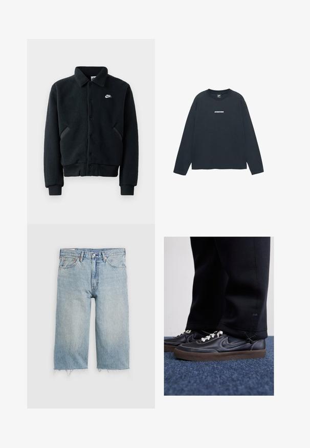 Jachetă neagră din fleece cu închidere cu nasture, manșete și talie ribbed. Prezintă un mic logo Nike alb pe partea stângă a pieptului și buzunare laterale.; Tricou negru cu mânecă lungă, tip crewneck, cu textul alb "STWDSTUDIO" imprimat central pe piept, afișat pe un fundal alb.; Şorturi din denim de culoare albastru deschis, cu croi drept, tiv desfăcut, design cu cinci buzunare și închidere cu buton la talie.; Nike Sportswear KILLSHOT 2 LTR PRM OPP2 - Sneakers low - black sail baroque brown mtlc dk grey