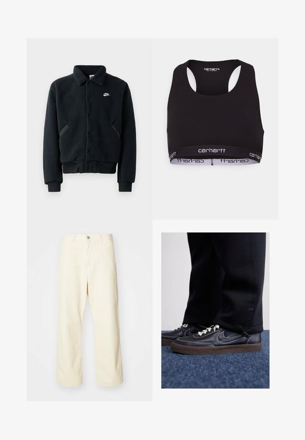 Fekete polárdzseki gombos záródással, bordás mandzsettákkal és derékkal. A bal mellrészen kis fehér Nike logó található, valamint oldalsó zsebek.; Fekete sportmelltartó, kerek nyakkivágással és versenyhát kialakítással. Erősített derékpánttal rendelkezik, amelyen fehér "carhartt" felirat található. Puha szövettextúra.; Tejbevonatos, széles szárú, krémszínű pamut nadrág gombos záródással, övhurkokkal és varrott szegéllyel. Simaszövetű, minta nélkül.; Nike Sportswear KILLSHOT 2 LTR PRM OPP2 - Sportcipő - black sail baroque brown mtlc dk grey