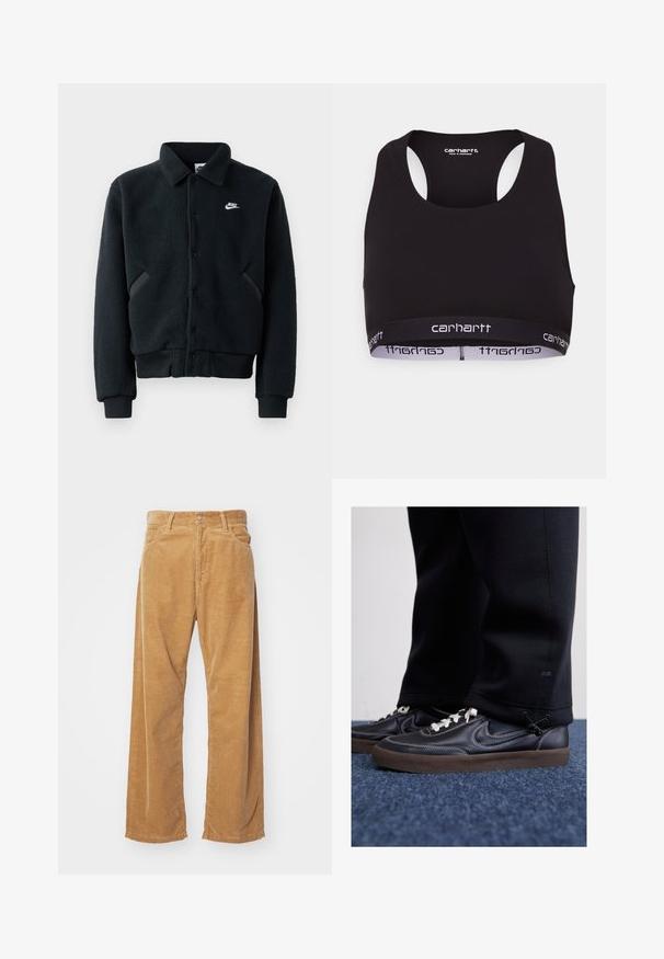 Zwarte fleece jack met knoopsluiting, ribbelmanchetten en taille. Beschikt over een klein wit Nike-logo op de linkerkant van de borst en zijzakken.; Zwarte sportbeha met een ronde halslijn en racerback ontwerp. Voorzien van een versterkte tailleband met witte "carhartt" branding. Zachte stof textuur.; Corduroy wijde broek in een tan kleur. Kenmerkt zich door geprofileerde, verticale ribbels, met een standaard tailleband en twee voorzakken.; Nike Sportswear KILLSHOT 2 LTR PRM OPP2 - Sneakers laag - black sail baroque brown mtlc dk grey
