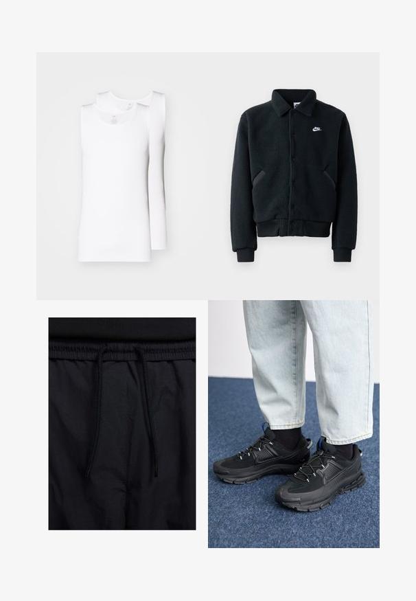 Fekete polárdzseki gombos záródással, bordás mandzsettákkal és derékkal. A bal mellrészen kis fehér Nike logó található, valamint oldalsó zsebek.; Két fehér pamut ujjatlan felső kiemelve. Kerek nyakkivágással, ujjatlan kialakítással rendelkeznek, sima textúrájúak és testhezálló szabással készültek.; Fekete rövidnadrág, húzózsinórral ellátott derékrésszel, könnyű anyagból, sima felszínen, egyszerű dizájnnal, látható logók vagy minták nélkül.; Fekete sportcipők texturált anyaggal és gumitalppal, elasztikus fűzőkkel és kék kiegészítővel a saroknál. Világos farmernadrággal viselve.