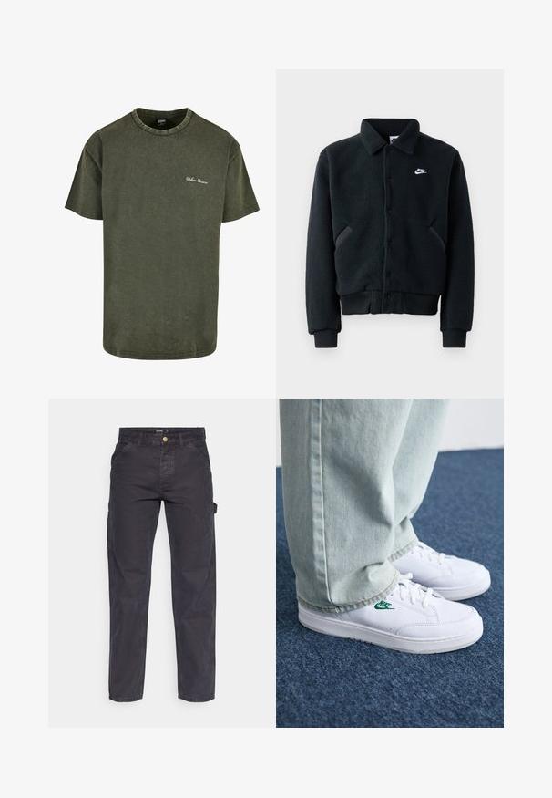 Svart fleecejacka med knäppning framtill, ribbade ärmslut och midja. Har en liten vit Nike-logotyp på vänster bröst och sidofickor.; Olivgrön bomulls t-shirt med korta ärmar, rund halsringning och subtilt slitet utseende. Har vit "Urban Classics" broderi på bröstet.; Mörkgrå cargobyxor i slitstark tyg, med rak benform, fem fickor och knappstängning i midjan.; Vita lädersneakers med grön Nike-logga, rund tå, platt sula, kombinerade med ljusblå denimbyxor, visade på en blå matta.