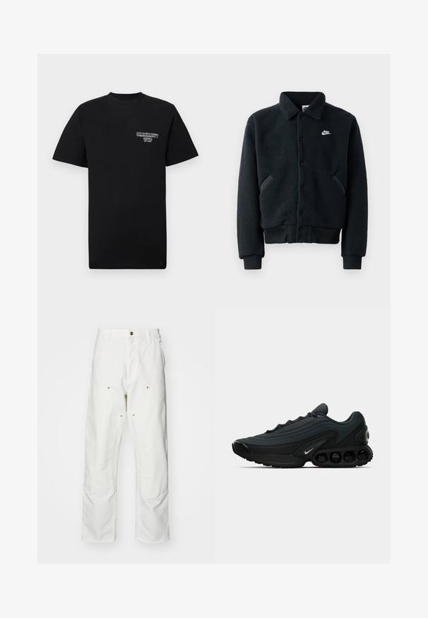 Must mustaga fleece-jakk, millel on nööbid, ribitud randmed ja piht. Vasakpoolsel rinnal on väike valge Nike logo ja küljetaskud.; Must must värviga T-särk lühikeste varrukatega ja ümar kaelusega, millel on valge trükitud logo vasakul rinnal. Sile tekstuur, tavaline lõige.; Valged puuvillased cargo püksid, millel on mugav lõige. Omadusteks on esikotid, kuldse riistvara aktsendid ja tugevdatud põlveosad.; Must mustusjalats, millel on tekstuuriga kangast upper, kõverdisain, silmapaistev vahekiht ja nähtavad pehmenduselemendid. Omab valget logo detaili.