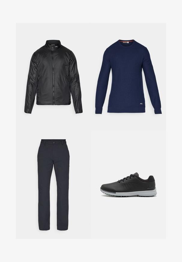 Sort letvægts zip-jakke med høj krave og tekstureret stof; har sideløsninger for øget fleksibilitet.; Mørkeblå crew-neck sweater lavet af strikket materiale, med lange ærmer og en lille logoaccent nederst til højre på forsiden.; Sorte, lige bukser med en glat stoffinish, der har en talje med knaplukning og ingen synlige mønstre eller detaljer.; Sorte syntetiske golfsko med en struktureret overdel, snørebåndsdesign og en grå ydersål med pigge for godt greb.