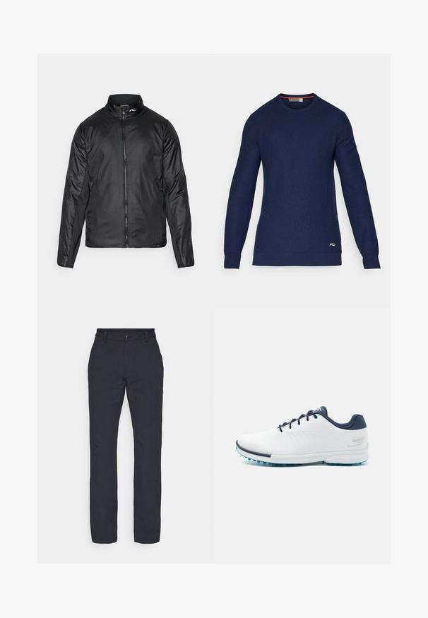 Giacca leggera nera con zip e colletto alto, in tessuto texturizzato; presenta pannelli laterali per una maggiore flessibilità.; Maglione a girocollo blu navy realizzato in tessuto a maglia, con maniche lunghe e un piccolo logo sulla parte anteriore destra in basso.; Pantaloni neri a gamba dritta con finitura in tessuto liscio, dotati di una vita con chiusura a bottone e senza motivi o accentuazioni visibili.; Scarpe da ginnastica bianche con una parte superiore sintetica liscia, accenti blu, tallone blu navy texturizzato e una suola leggera con tacchetti per la trazione.