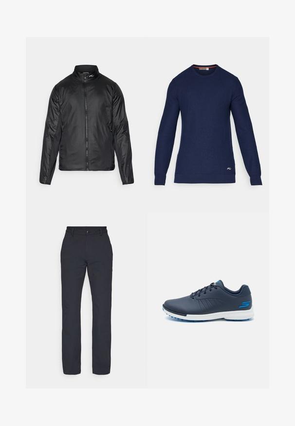 Chaqueta negra ligera con cremallera y cuello alto, fabricada con tejido texturizado; cuenta con paneles laterales para mayor flexibilidad.; Suéter de cuello redondo en azul marino, hecho de material de punto, con mangas largas y un pequeño logotipo en la parte inferior derecha del frente.; Pantalones negros de pierna recta con un acabado de tela suave, que cuentan con una cinturilla con cierre de botón y sin patrones ni acentos visibles.; Zapatos de golf navy con un diseño elegante, parte superior sintética, entresuela blanca y clavos de goma azules. Presenta perforaciones para una mejor transpirabilidad.