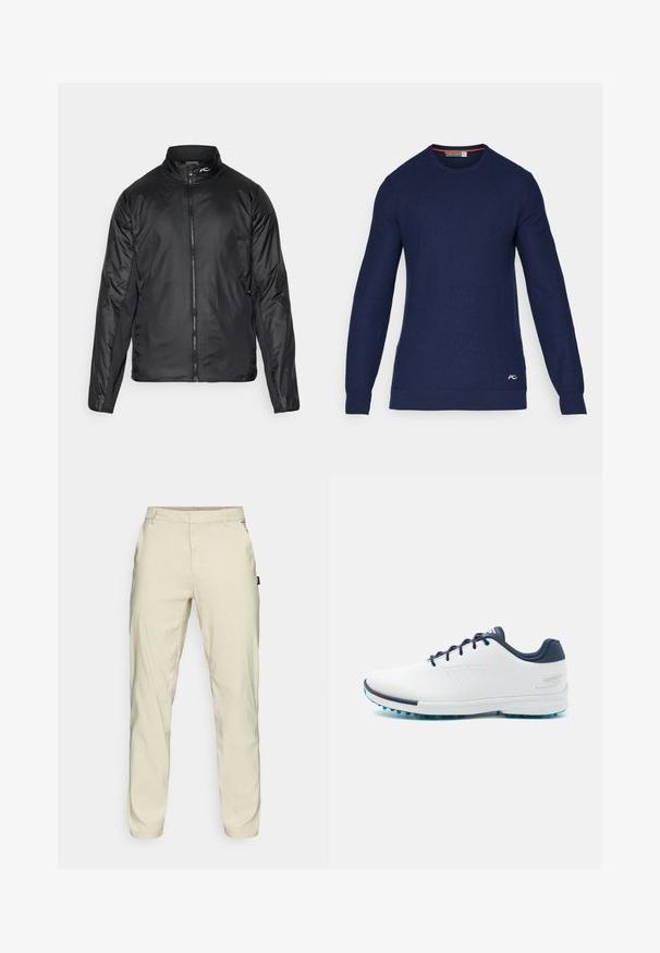 Must kandmikuga must kerge takjakinn, millel on kõrge krae ja tekstuurne kangas; sisaldab külgpaneele paindlikkuse suurendamiseks.; Tumesinine ümar kaelusega kampsun, mis on valmistatud kudumaterjalist, pikkade varrukatega ning väikese logoga aktsendiga alumises paremas nurgas.; Oakley TERRAIN PANT - Püksid - silver sage/white; Valged spordijalanõud sileda sünteetilise ülemise osaga, siniste aksentidega, tekstureeritud tumesinise kontsaga ja kergest, narmastega tallaga hea haarduvuse tagamiseks.