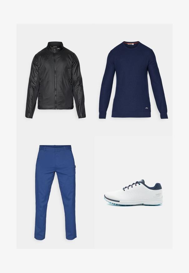 Jachetă neagră ușoară cu fermoar, cu guler înalt și material texturat; are panouri laterale pentru o flexibilitate sporită.; Pulover bleumarin cu guler rotund, confecționat din material tricotat, având mâneci lungi și un mic logo pe partea dreaptă jos a frontalului.; Pantaloni albaștri dintr-un material neted, cu croială dreaptă, două buzunare laterale și brâuri. Fără modele vizibile sau detalii metalice.; Pantofi sport albi cu un uppersintetic neted, accente albastre, toc texturat în nuanță de marine și o talpă ușoară cu țepii pentru aderență.