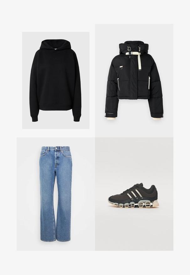 Black cropped puffer jacket with a hood, featuring cream color accents, front zipper, side pockets, and elastic cuffs.; Black hooded sweatshirt in a soft fabric, featuring a relaxed fit, ribbed cuffs, and a subtle logo detail on the front.; Light-wash high-waisted jeans with a straight, wide-leg cut. Feature classic denim stitching and five pockets. Smooth texture.; Black athletic shoe with a textured upper, three silver stripes, and a distinctive cushioning sole featuring multiple integrated sections.