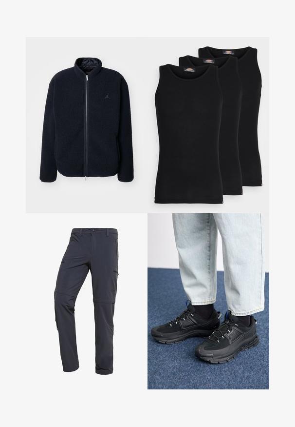 Marineblauwe fleece jas met hoge kraag, ritssluiting en logodetail. Zachte textuur en lange mouwen, geschikt voor casual kleding.; Zwarte tanktops in een verpakking van drie. Ribbelstructuur, standaard ronde halslijn, zonder mouwen. De zoom is voorzien van een klein merkembleem aan de onderkant.; The North Face EXPLORATION CONVERTIBLE PANT - Broek - asphalt grey; Zwarte sportschoenen met gestructureerde stof en rubberen zolen, met elastische veters en een blauwe accent op de hiel. Draag samen met lichte spijkerbroeken.