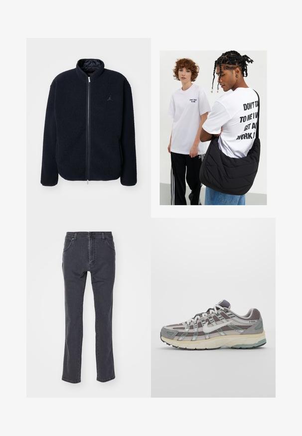 Mornarska flis jakna z visokim ovratnikom, zadrgo in detajlom logotipa. Mehka tekstura in dolgi rokavi, primerna za sproščeno nošenje.; Črne majice brez rokavov v paketu treh. Rebrasta struktura, standardni okrogel izrez, brez rokavov. Rob ima majhen logotip blagovne znamke na dnu.; Temno sivi džins, izdelan iz denima, z ravnim krojem, petimi žepek in klasičnim gumbom za zapiranje v pasu.; Sive športne čevlje z zgornjim delom iz mrežastega in semiš materiala, belimi akcenti, oblazinjenim podplatom ter edinstvenim dizajnom z odsevnimi elementi.; Črna prešita torba za ramo z mehkimi teksturami, ki jo nosi oseba v beli grafični majici z odštevilčenim besedilom. Priložnostna obleka z denimom.