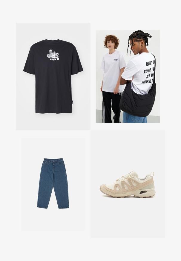 Jūras spēku fliša jaka ar augstu apkakli, rāvējslēdzēju un logo detaļu. Mīksta tekstūra un garas piedurknes, piemērota ikdienas valkāšanai.; Melnā T-kreklā, izgatavots no kokvilnas, ar apaļu izgriezumu. Priekšpusē ir sudraba grafika ar 'PUMA' tekstu un dizaina elementu.; Zilā džinsu auduma bikses ar brīvu piegriezumu, augstu jostasvietu, piecu kabatu dizainu un šuvju akcentiem. Iekļauts pogu un rāvējslēdzēja aizdare.; Beige un krēma sporta apavi ar strukturētu tīkla virsmu, atbalstošajiem slāņiem un gumijas zoli ar protektoru rakstu, kas nodrošina saķeri.; Melna kvadrāta plecu soma ar mīkstu faktūru, ko valkā persona baltā grafiskā T-kreklā ar uzsvērtu tekstu. Gadījuma apģērbs ar džinsiem.