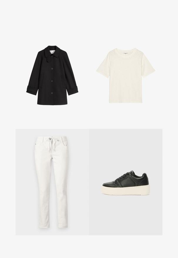 Schwarzer Wollmantel mit Kragen, vorderem Knopfverschluss und Seitentaschen. Verfügt über umgeschlagene Ärmel und eine gerade Silhouette.; Off-white kurzärmliges T-Shirt aus weichem, strukturiertem Stoff mit rundem Ausschnitt und lockerer Passform. Keine Logos oder zusätzlichen Details vorhanden.; Weiße, figurbetonte Hose mit Kordelzug-Taille, Fronttaschen und glatter Textur. Eignet sich für legere Anlässe oder entspannte Umgebungen.; Schwarze Leder-Sneaker mit glatter Textur, dicker, cremefarbener Sohle, runder Zehenpartie und klassischem Schnürdesign. Subtile Nähte.