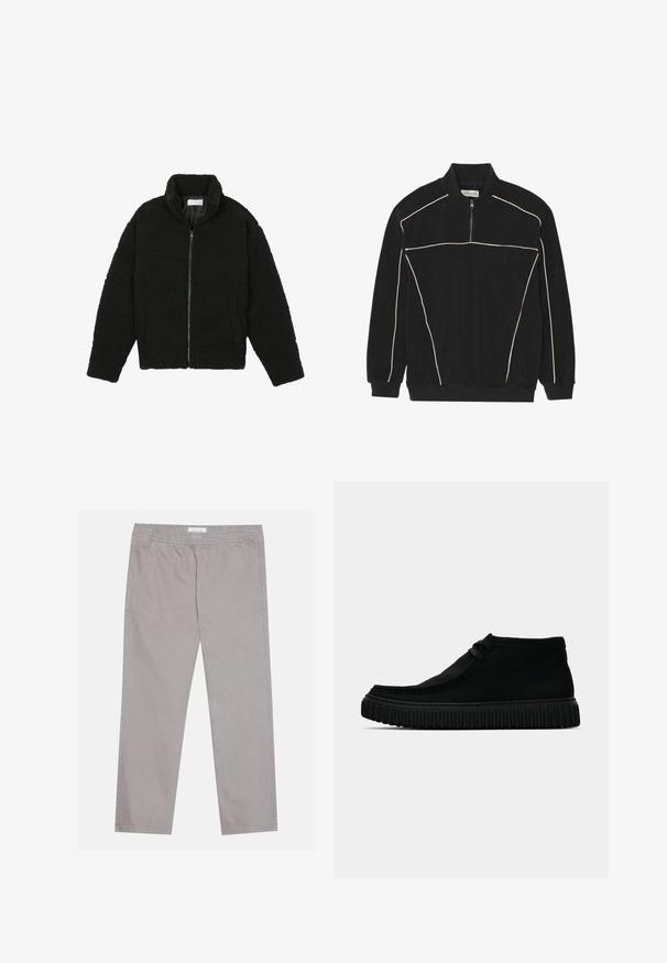 Pier One Fleece jacket - black; Pier One Fleece jumper - black; Light gray cotton pants with an elastic waistband, two side pockets, straight leg design, and a smooth texture. Simple stitching detail.; Black ankle boots made of soft material, with a rounded toe, minimal lacing, and a textured rubber sole featuring vertical grooves.