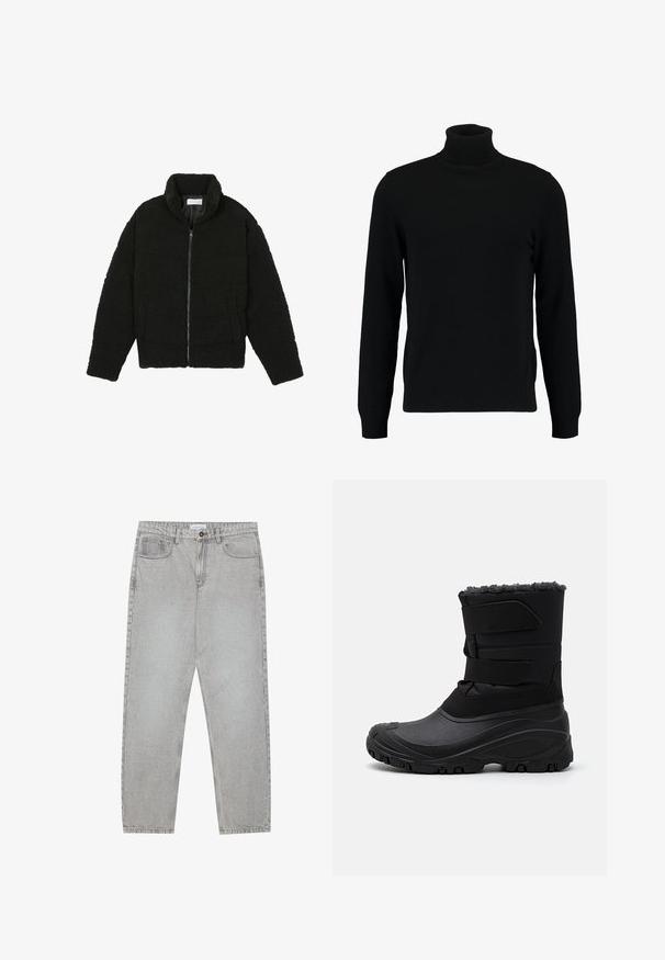 Schwarze, flauschige Jacke mit Reißverschluss aus strukturiertem Fleece-Stoff. Verfügt über einen hohen Kragen und Seitentaschen. Rechteckige Körperform mit langen Ärmeln.; Schwarzer Rollkragenpullover aus weichem Strickmaterial. Mit langen Ärmeln, geripptem Kragen und Saum. Schlichtes, elegantes Design ohne Muster.; Helle graue Jeanshose mit gerade geschnittenem Design, Fünf-Taschen-Stil und Knopfverschluss. Sichtbare Nähte entlang der Seitennähte.; Schwarzer Winterstiefel aus synthetischem Material, mit einer strukturierten Gummisohle, Klettverschlüssen und einem mit Fell gefütterten oberen Teil zur Isolation.