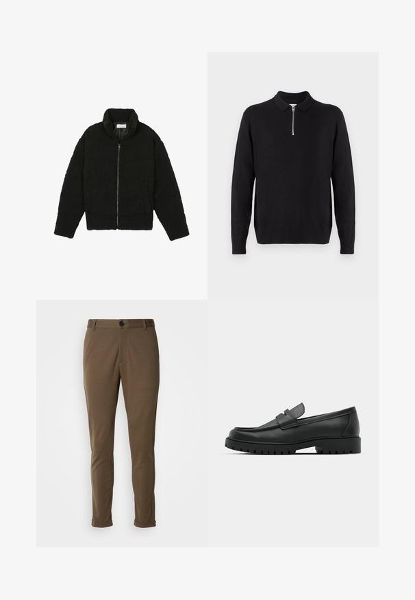 Svart, fluffig jacka med dragkedja gjord av texturerat fleecetyg. Har en hög krage och sidofickor. Rektangulär kroppssiluett med långa ärmar.; Svart pullover med dragkedja i kragen, långa ärmar, ribbade mudd och fåll, tillverkad av ett mjukt och slätt tyg.; Bruna skräddarsydda byxor med en slät yta, som har knappstängning och uppvikta muddar. Designade med en slim fit och funktionella fickor.; Svarta lädersneakers med rund tå, med en sydd design, låg plattformssula och en texturerad, mönstrad gummisula.