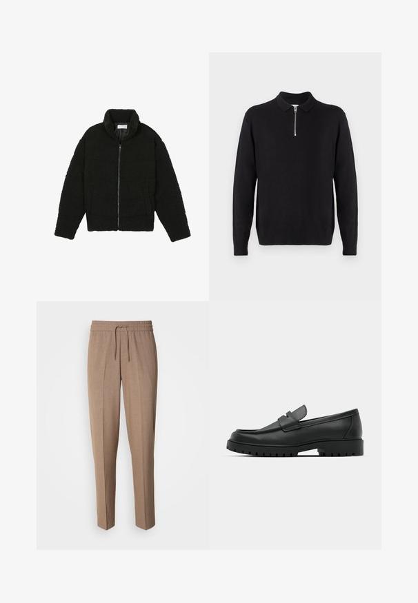 Musta, pörröinen vetoketjullinen takki, valmistettu teksturoidusta fleecemateriaalista. Siinä on korkea kaulus ja sivutaskut. Suorakaiteen muotoinen vartalo ja pitkät hihat.; Musta neulepusero, jossa on vetoketjulla suljettava kaulus, pitkät hihat, ribbireunukset ja helma, valmistettu pehmeästä ja sileästä kankaasta.; Ruske, tkanine hlače z ohlapnim krojem, z vrvico v pasu in sprednjimi pregibi. Ravnimi hlačnicami in brez vidnih žepov ali kovinskih delov.; Musta nahkaloafers, joissa on pyöreä kärki, ommeltu pinta, matala alusta ja kuvioitu, kuminen ulkopohja.