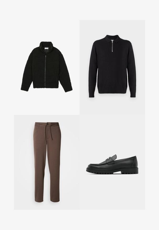 Fekete, bolyhos, cipzáras kabát texturált fleece anyagból. Magas gallérral és oldalzsebekkel rendelkezik. Téglalap alakú test és hosszú ujjak.; Fekete pulóver, cipzáras gallérral, hosszú ujjakkal, bordázott mandzsettával és aljjal, puha, sima anyagból készült.; Barna, puha anyagból készült melegítőnadrág, amely rajta húzható derékkal, gombos záródással és egyenes lábakkal rendelkezik, látható minták vagy díszítések nélkül.; Fekete bőr loafer cipők kerek orral, varrott mintázattal, alacsony platformtalpú és texturált, barázdált gumitalppal.