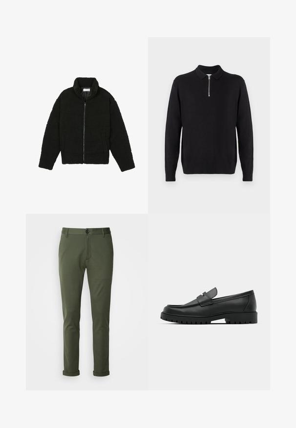 Jachetă neagră, pufoasă, cu fermoar, fabricată din material fleece texturat. Are un guler înalt și buzunare laterale. Formă dreptunghiulară a corpului cu mâneci lungi.; Pulover negru cu guler cu fermoar, mâneci lungi, manșete și tiv striate, realizat dintr-un material moale și neted.; Pantaloni subțiri de un verde măsliniu, confecționați dintr-un material moale, având sistem de închidere cu nasture, buzunare clasice și manșete răsucite la glezne.; Mocasini din piele neagră cu vârful rotunjit, având un design cusut, talpă joasă și o talpă din cauciuc texturat, cu crampoane.