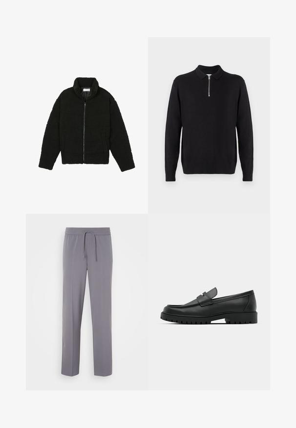 Black, fluffy, zip-up jacket made from textured fleece fabric. Features a high collar and side pockets. Rectangular body shape with long sleeves.; Black pullover sweater with a zippered collar, long sleeves, ribbed cuffs and hem, made of a soft, smooth fabric.; Gray, stretchy trousers with a flat front, elastic waistband, and drawstring, featuring straight legs and a smooth texture.; Black leather loafers with a rounded toe, featuring a stitched design, low platform sole, and a textured, lugged rubber outsole.