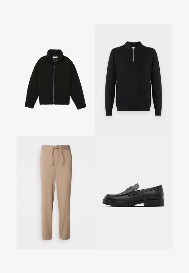 Black, fluffy, zip-up jacket made from textured fleece fabric. Features a high collar and side pockets. Rectangular body shape with long sleeves.; Black pullover sweater with a zippered collar, long sleeves, ribbed cuffs and hem, made of a soft, smooth fabric.; Beige sweatpants made of soft cotton, featuring an elastic waistband, drawstring, slim fit, and straight legs with no patterns.; Black leather loafers with a rounded toe, featuring a stitched design, low platform sole, and a textured, lugged rubber outsole.