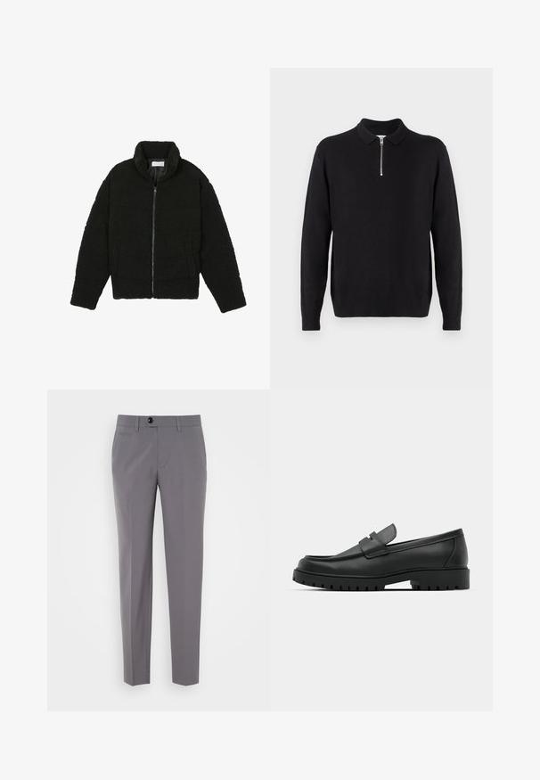 Crna, mekana jakna na patent izrađena od tkanine teksturiranog flisa. Ima visok ovratnik i bočne džepove. Pravokutnog je kroja s dugim rukavima.; Crni pulover s patentnim zatvaračem na ovratniku, dugim rukavima, rebrastim rubovima i hemom, izrađen od mekog, glatkog materijala.; Sive odijelo hlače s glatkom teksturom, ravnim krojem, zatvaranjem na jedan gumb i prednjim džepovima. Nema vidljivih uzoraka ili akcenata.; Crne kožne mokasine s zaobljenim vrhom, s ušivenim dizajnom, niskom platformom i teksturiranim, gumenim potplatom s izbočinama.