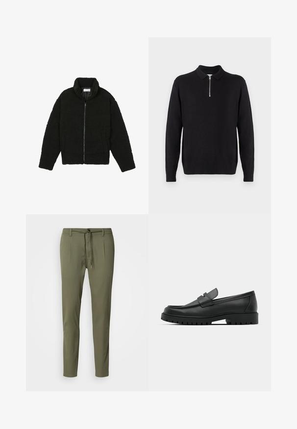Black, fluffy, zip-up jacket made from textured fleece fabric. Features a high collar and side pockets. Rectangular body shape with long sleeves.; Black pullover sweater with a zippered collar, long sleeves, ribbed cuffs and hem, made of a soft, smooth fabric.; Olive green trousers made of lightweight fabric, featuring a drawstring waist, two front pleats, and a tapered fit. Smooth texture.; Black leather loafers with a rounded toe, featuring a stitched design, low platform sole, and a textured, lugged rubber outsole.
